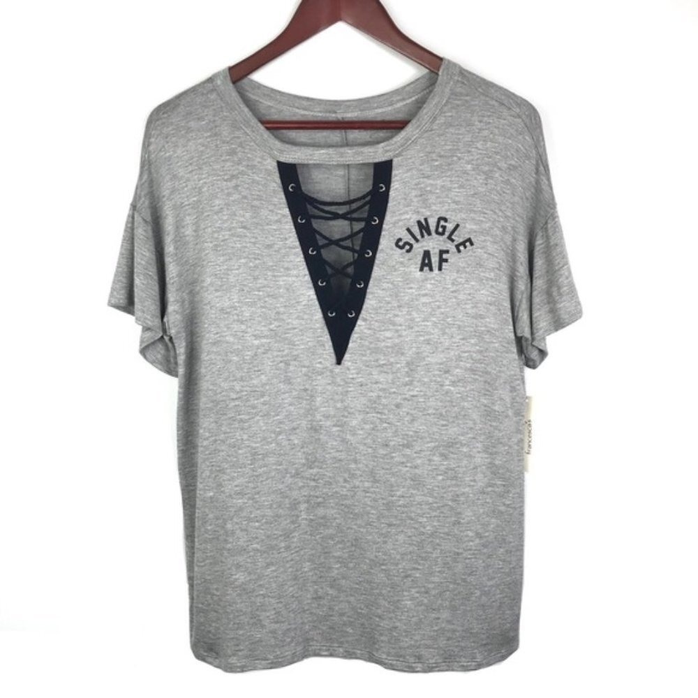 Alya Women Gray Lace Up V Neck T Shirt Single AF Graphic Tee Top Size Small